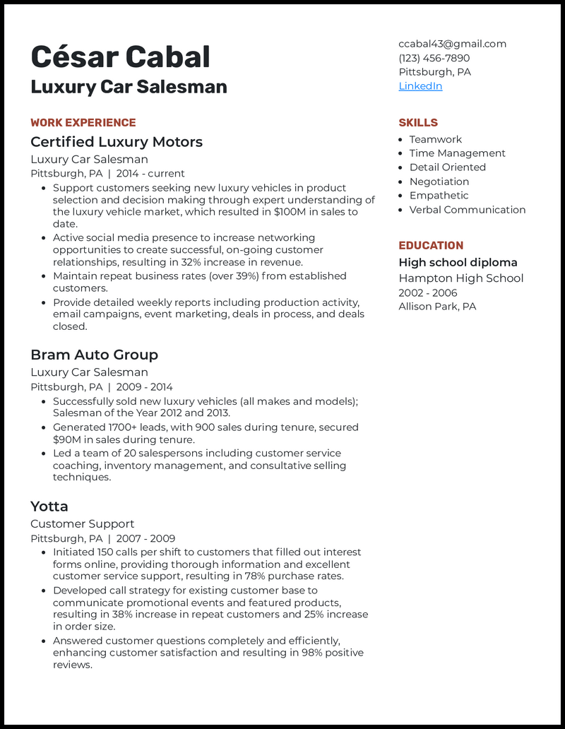 7 Car Salesman Resume Examples - Luxury Car Salesman Red Brown Resume Example 