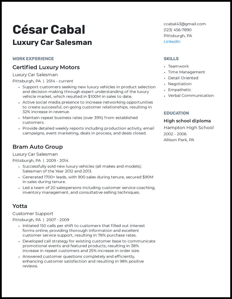 7 Car Salesman Resume Examples That Worked in 2024