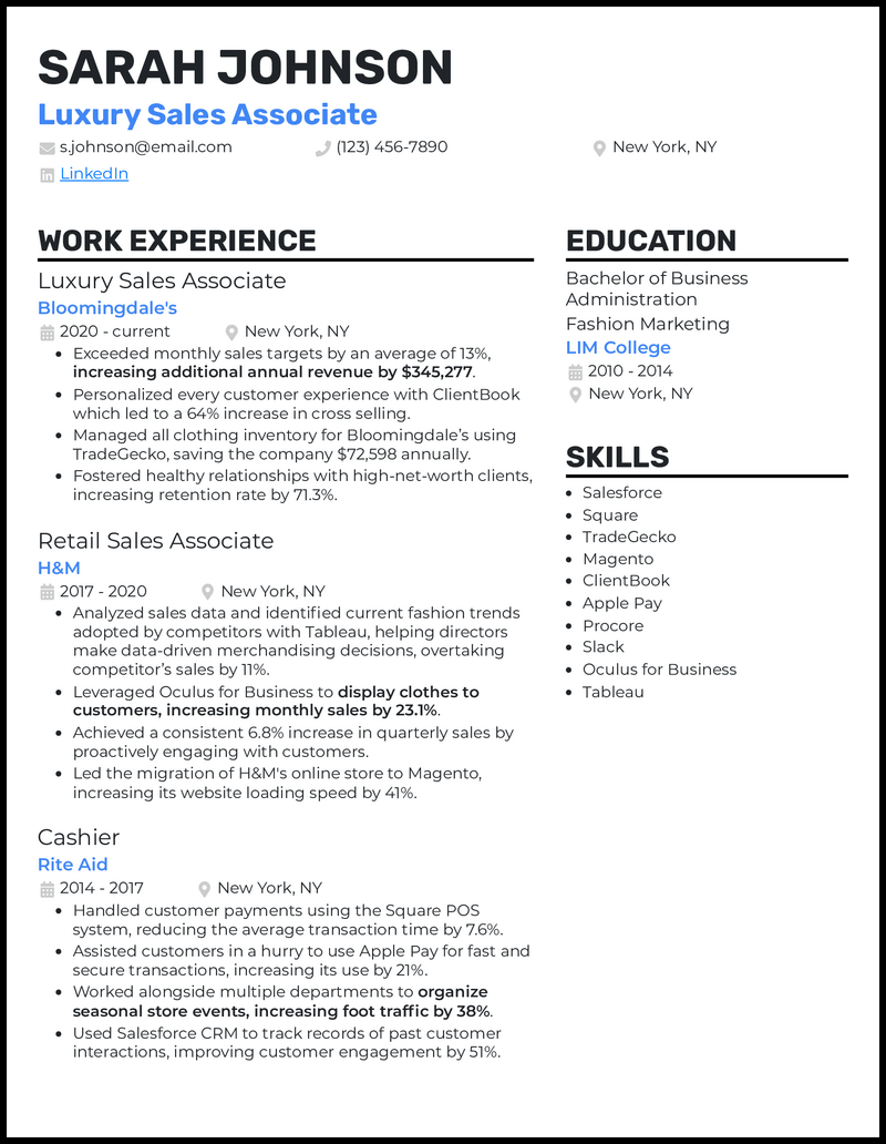 Luxury sales associate resume example with 9 years of experience