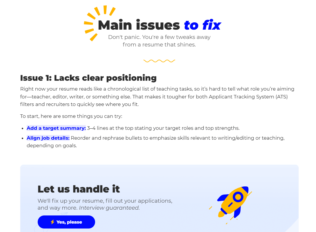 Sample resume review showing main issues to fix