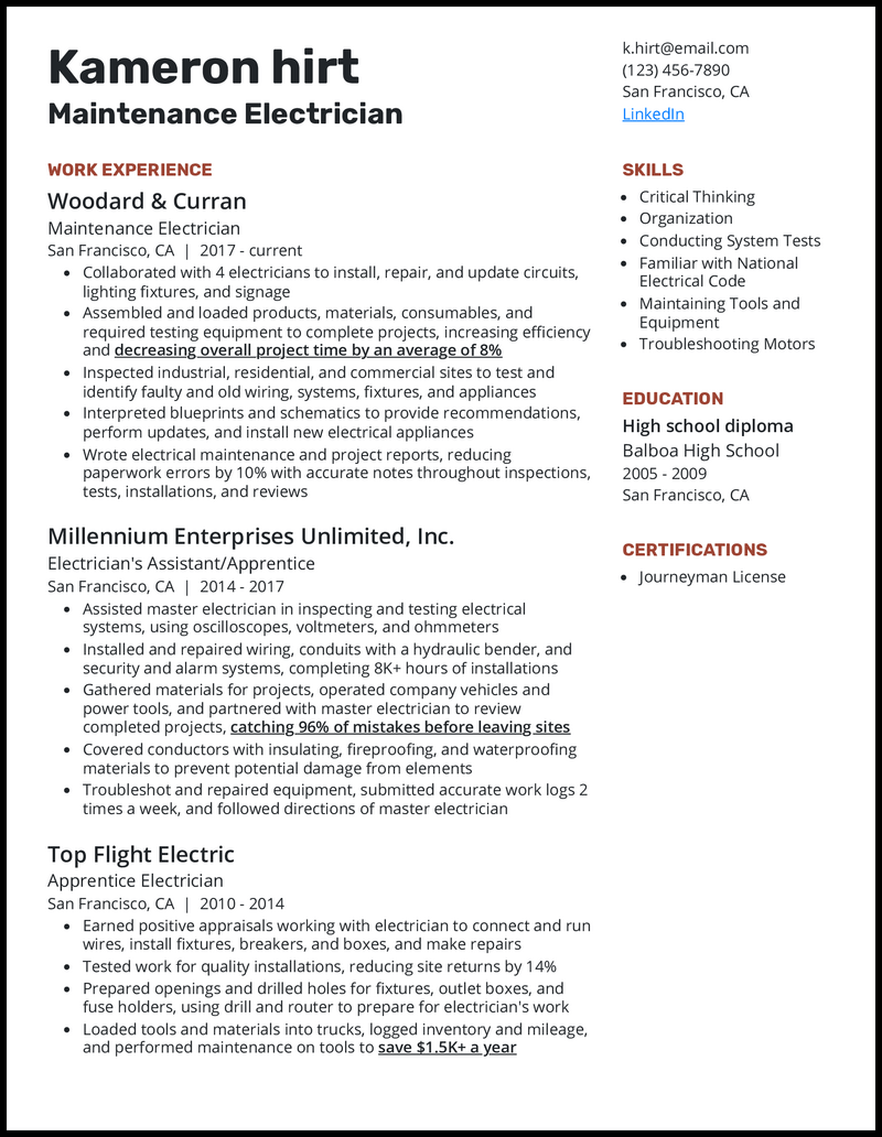 Maintenance Electrician Resume Sample