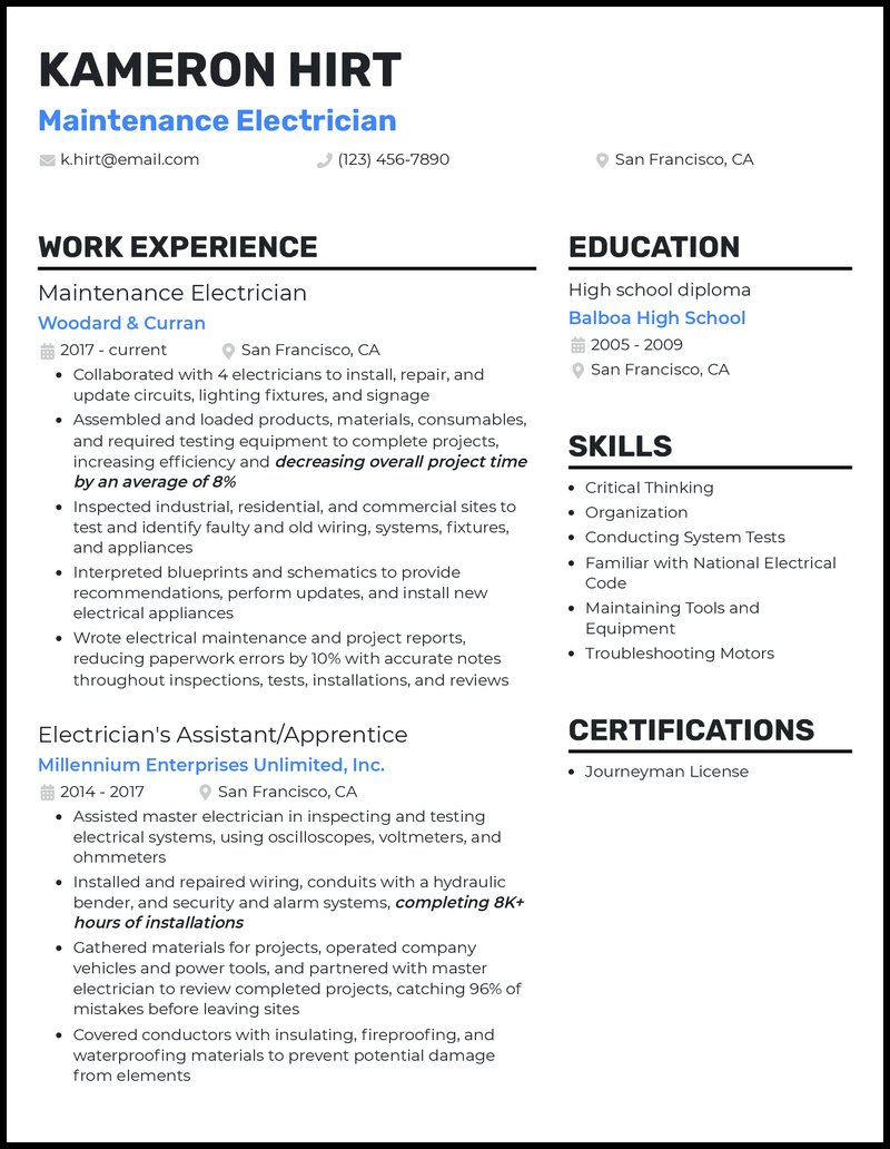 Maintenance electrician resume example with 7+ years experience