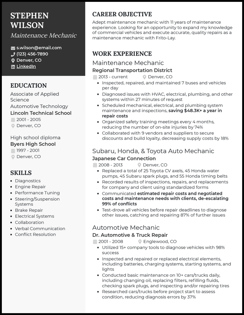 Maintenance mechanic resume example with 5+ years experience