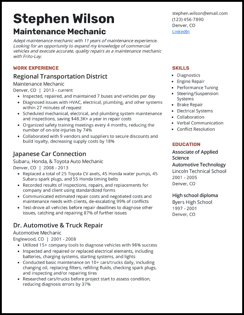 Maintenance mechanic resume example with 21 years of experience