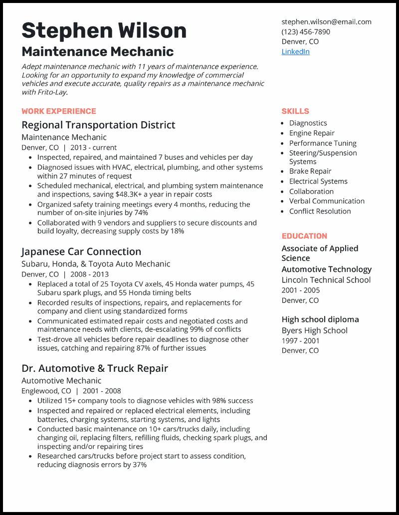7 Auto Mechanic Resume Examples - Maintenance Mechanic Salmon Resume Example