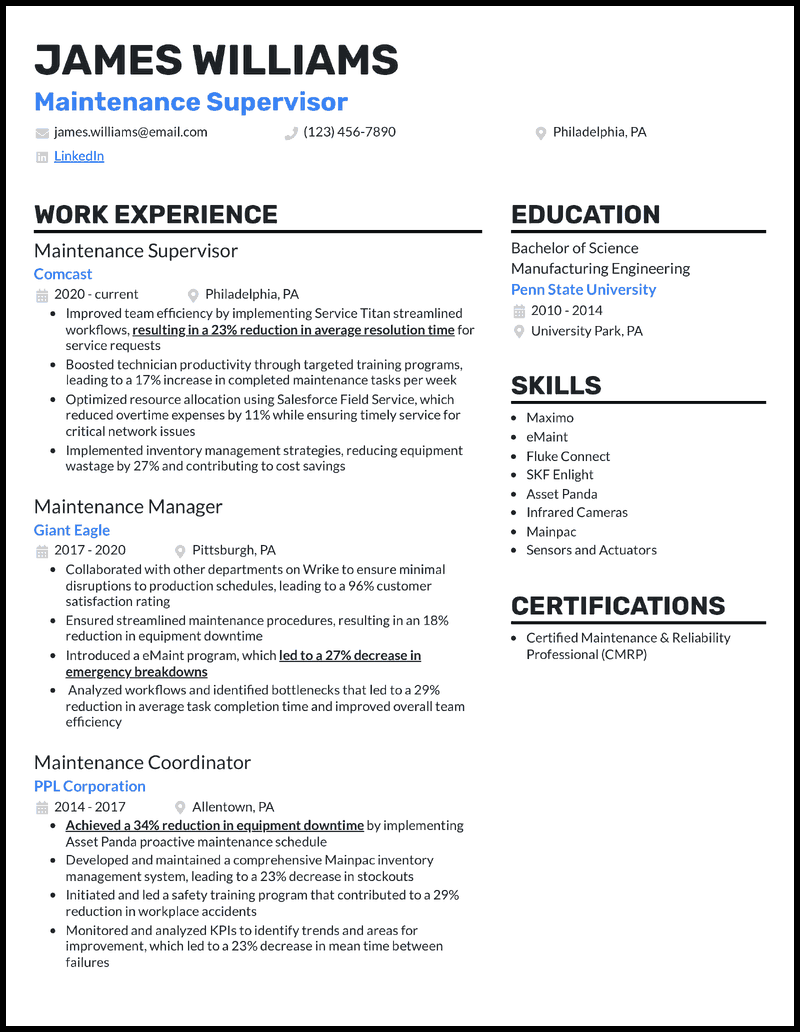 Maintenance supervisor resume example with 9 years of experience