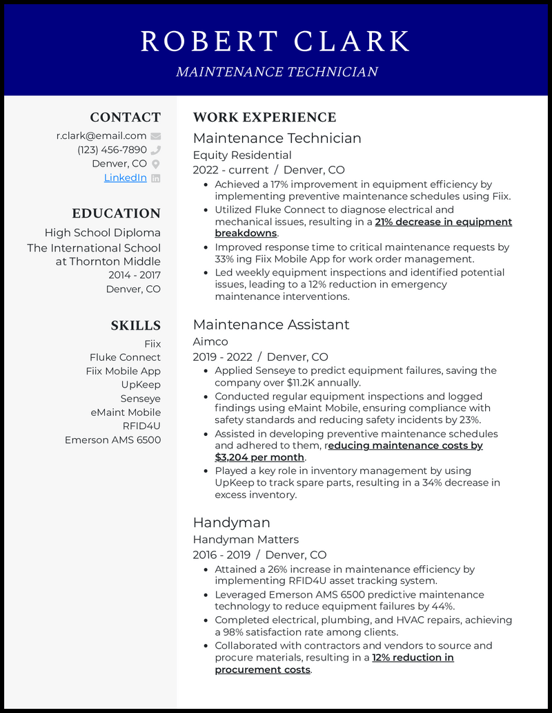 Maintenance technician resume example with 4 years of experience 