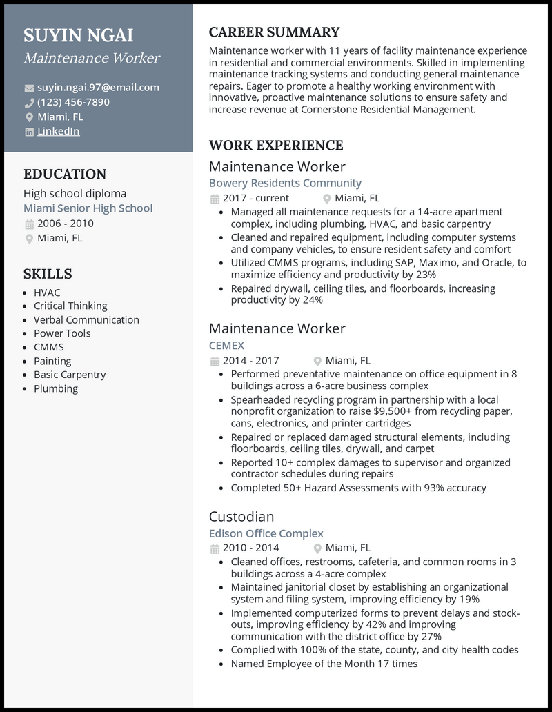 Maintenance worker resume example with 8+ years of experience