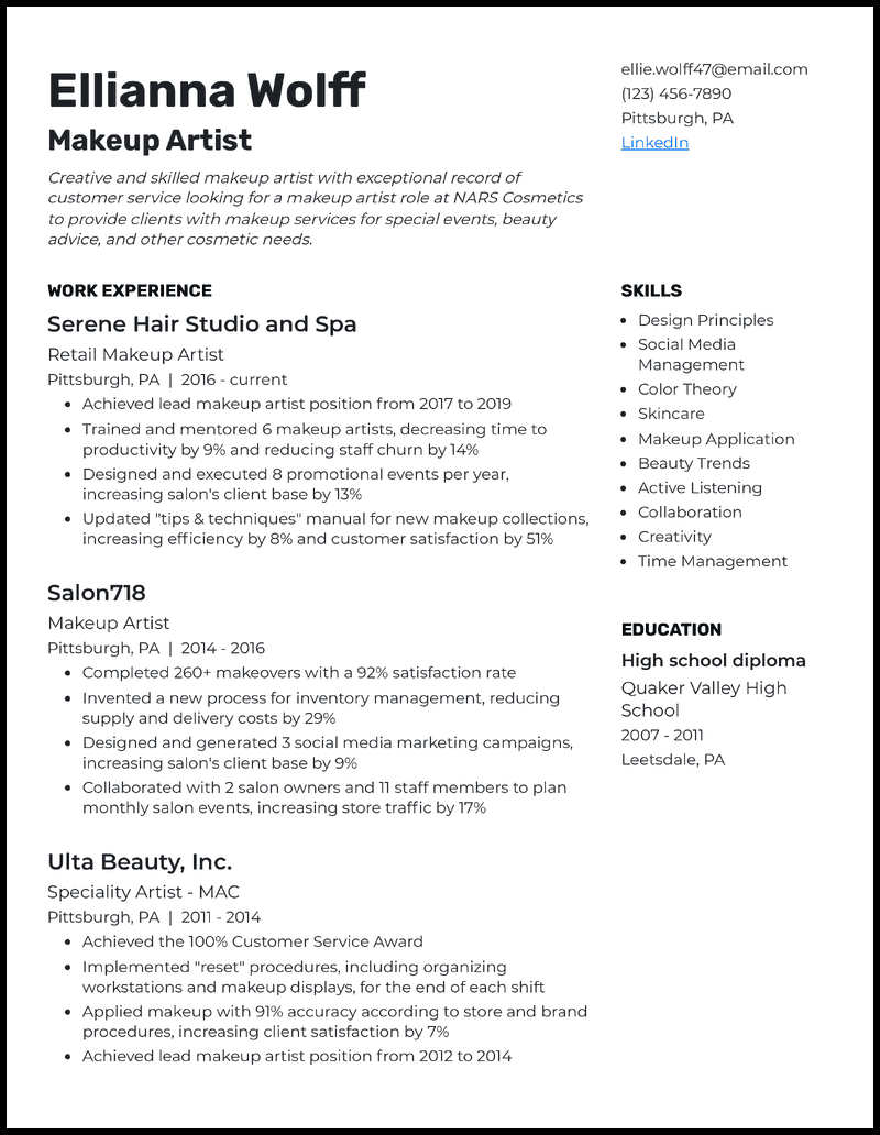 7 Artist Resume Examples amp Templates - Makeup Artist Black Resume Example 