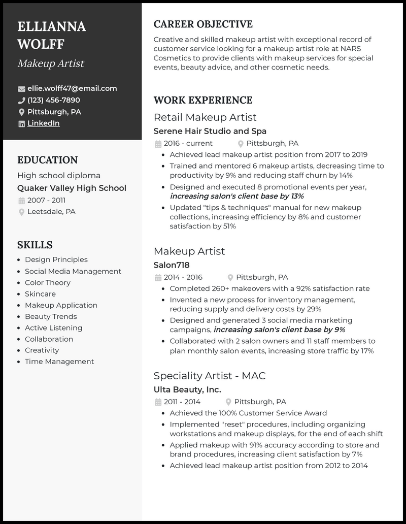 Clean makeup artist resume example with 6+ years experience