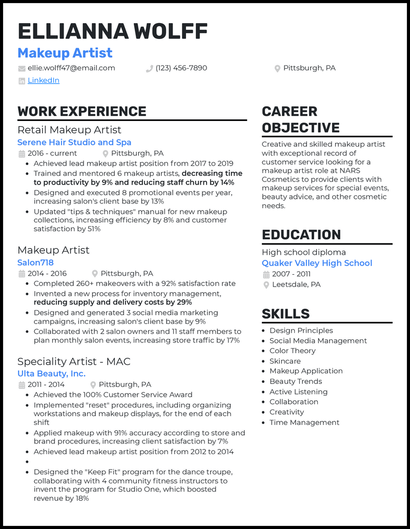 Makeup artist resume example with 6+ years experience