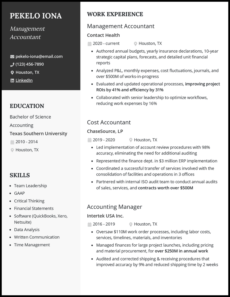 3 Management Accountant Resume Examples for 2024