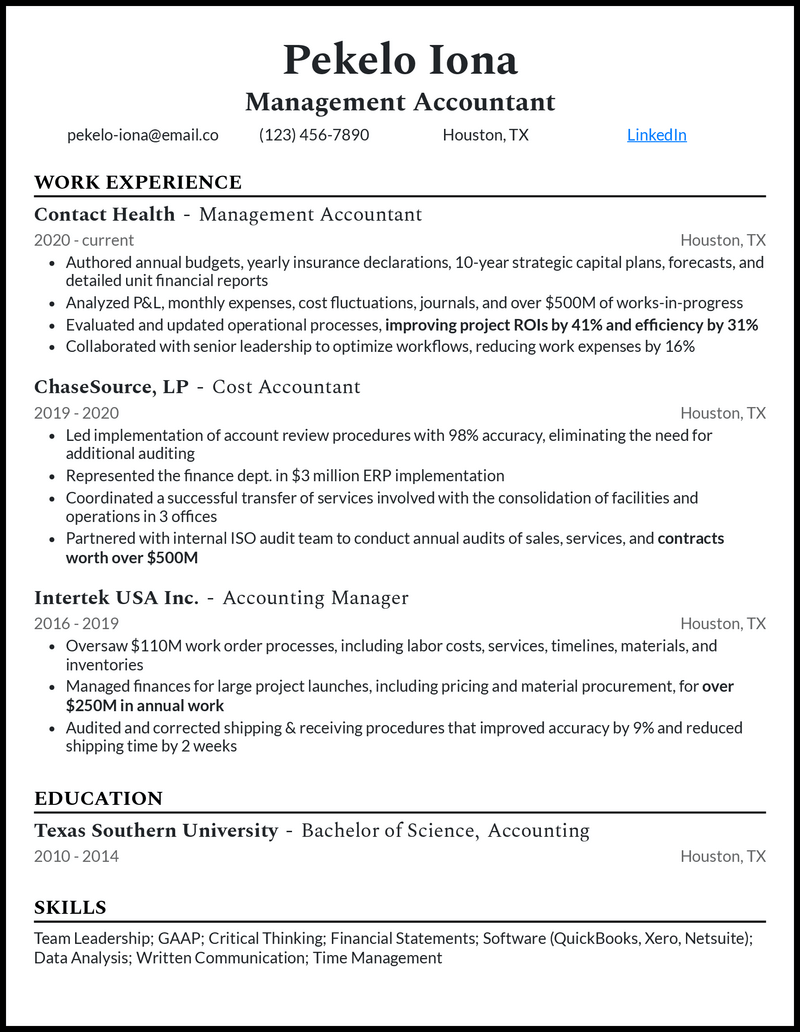 3 Management Accountant Resume Examples For 2024   Management Accountant Professional Resume Example 