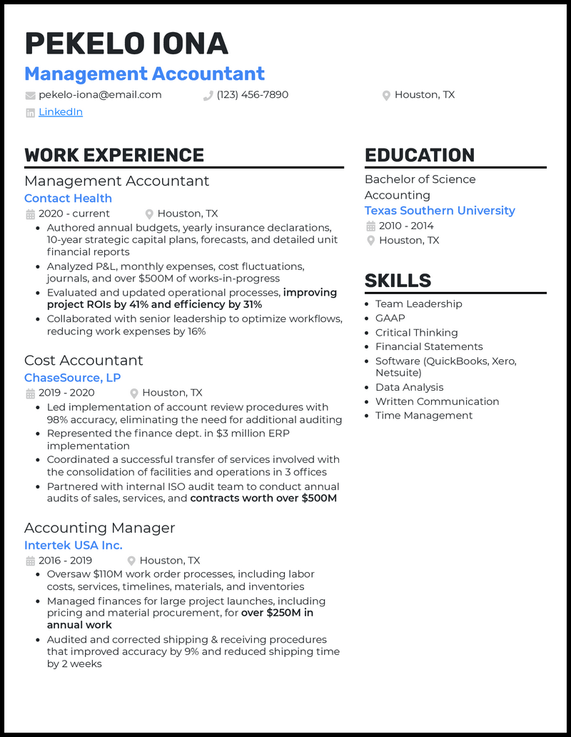 3 Management Accountant Resume Examples for 2024