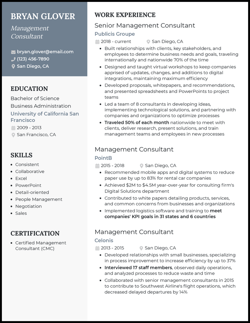 Modern management consultant resume example