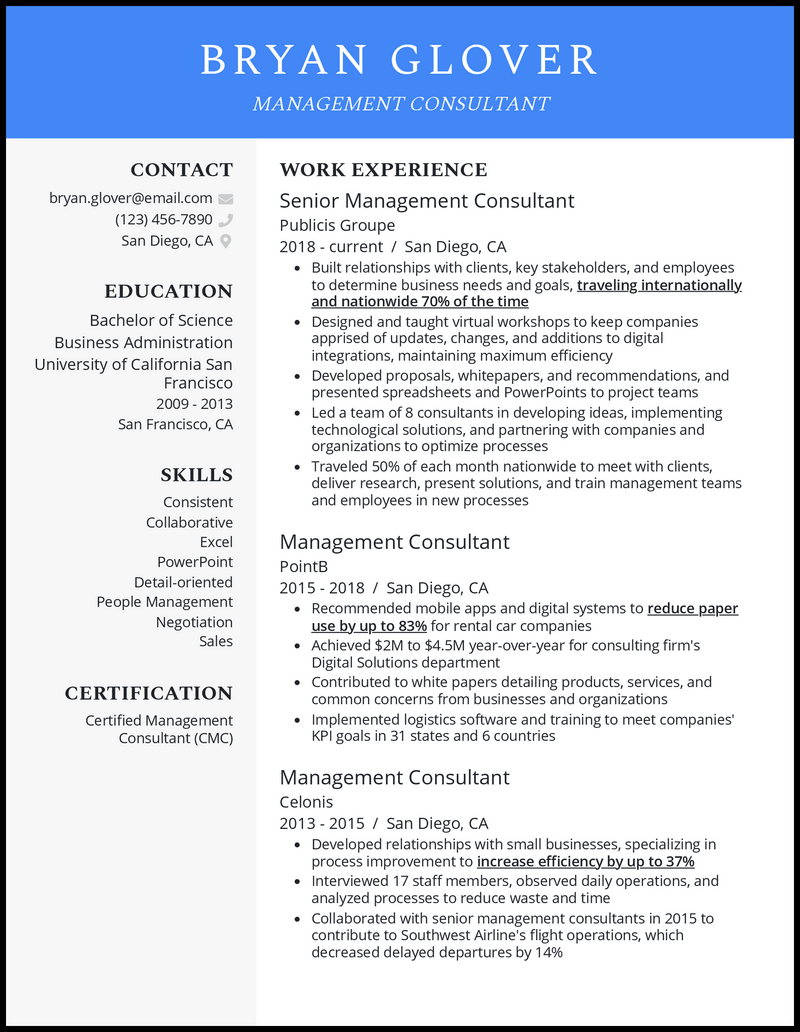 Management consultant resume example with 4+ years experience