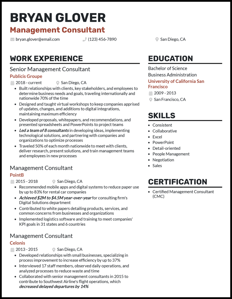 3 Management Consultant Resume Examples for 2024