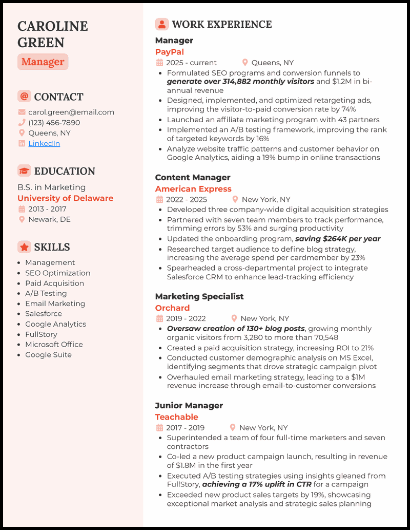 resume examples management