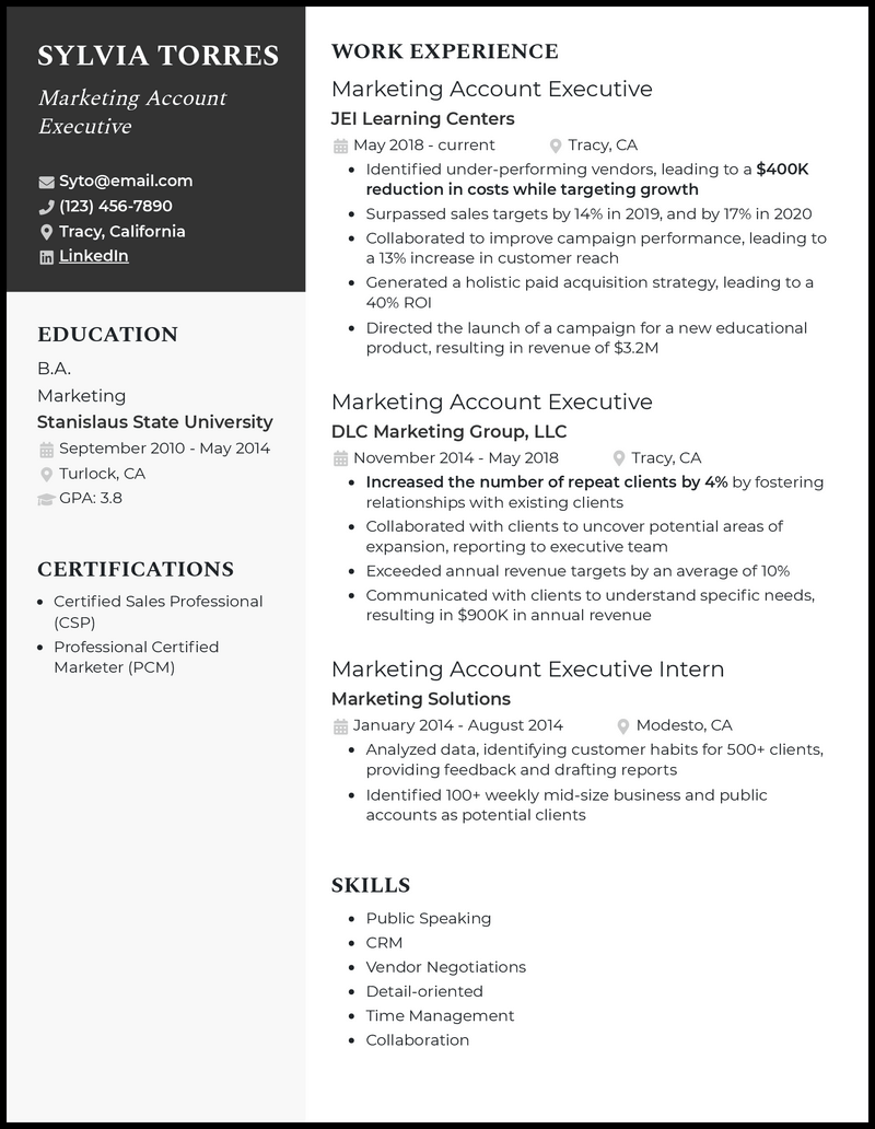 Marketing account executive resume example with 6+ years experience