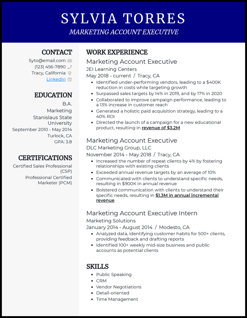 Clean marketing account executive resume example with 6+ years experience