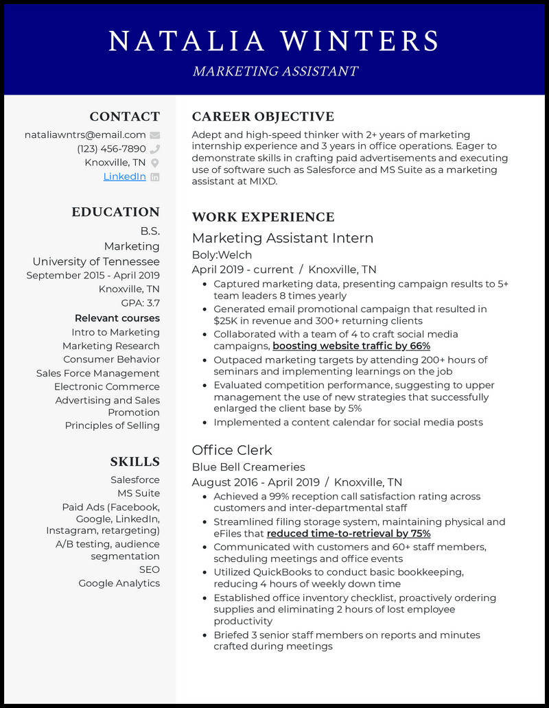 Professional marketing assistant resume example