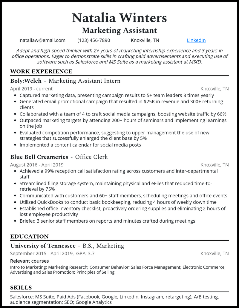 marketing assistant job description resume