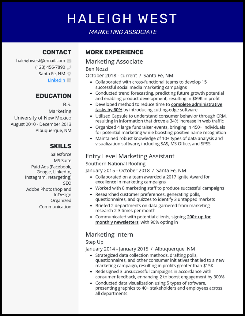 Professional marketing associate resume example