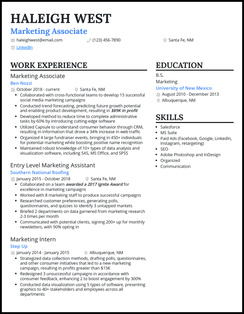 Marketing associate resume example with 8+ years experience