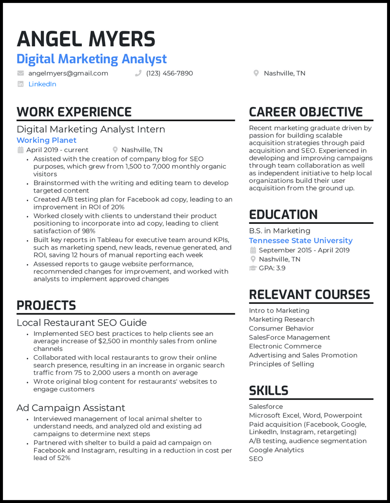 Marketing college graduate resume example 