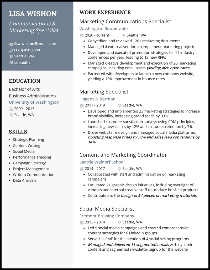 Clean marketing communications specialist resume example with 7+ years experience