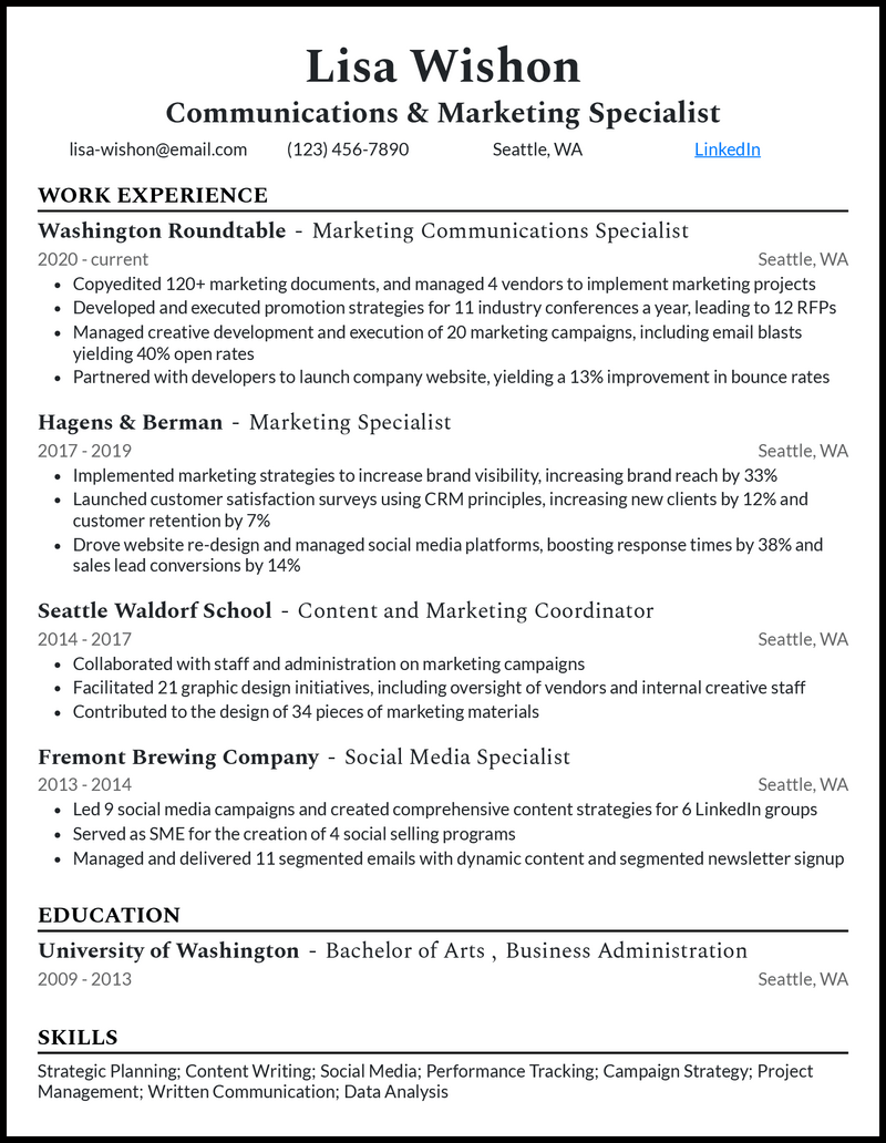 Modern marketing communications specialist resume example with 7+ years experience