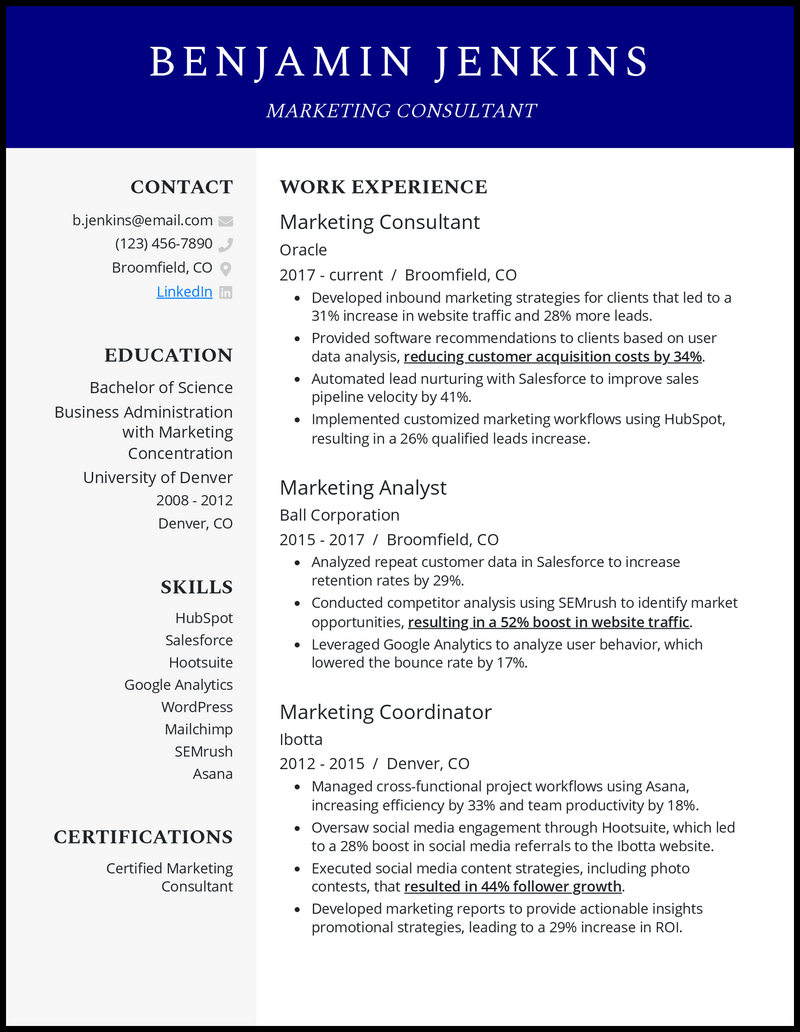 Modern marketing consultant resume example with 8+ years experience