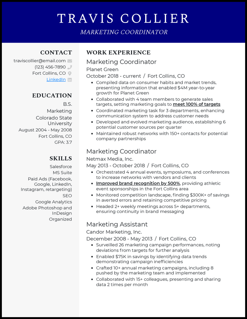 Professional marketing coordinator resume example