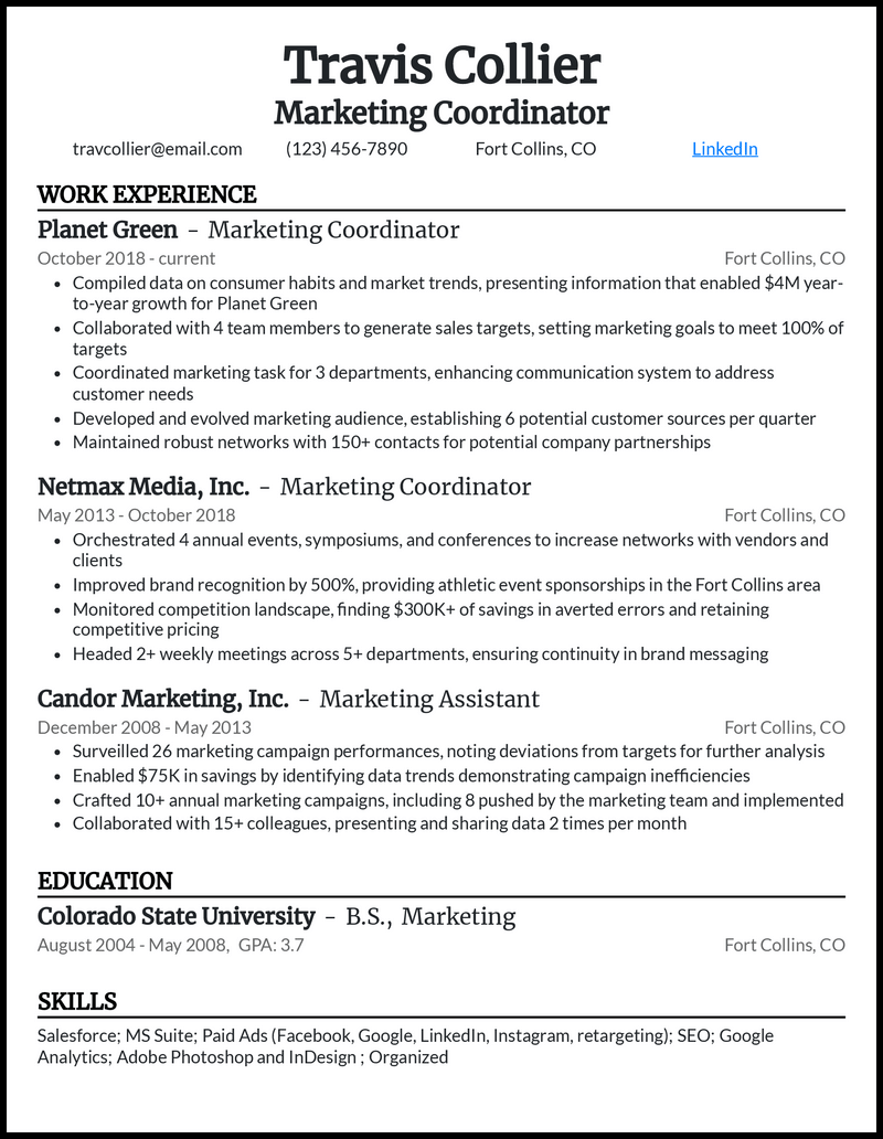 Formal marketing coordinator resume example