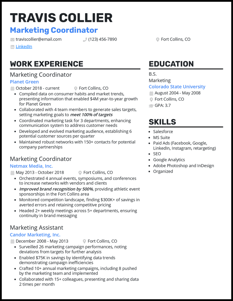 Marketing coordinator resume example with 6+ years experience