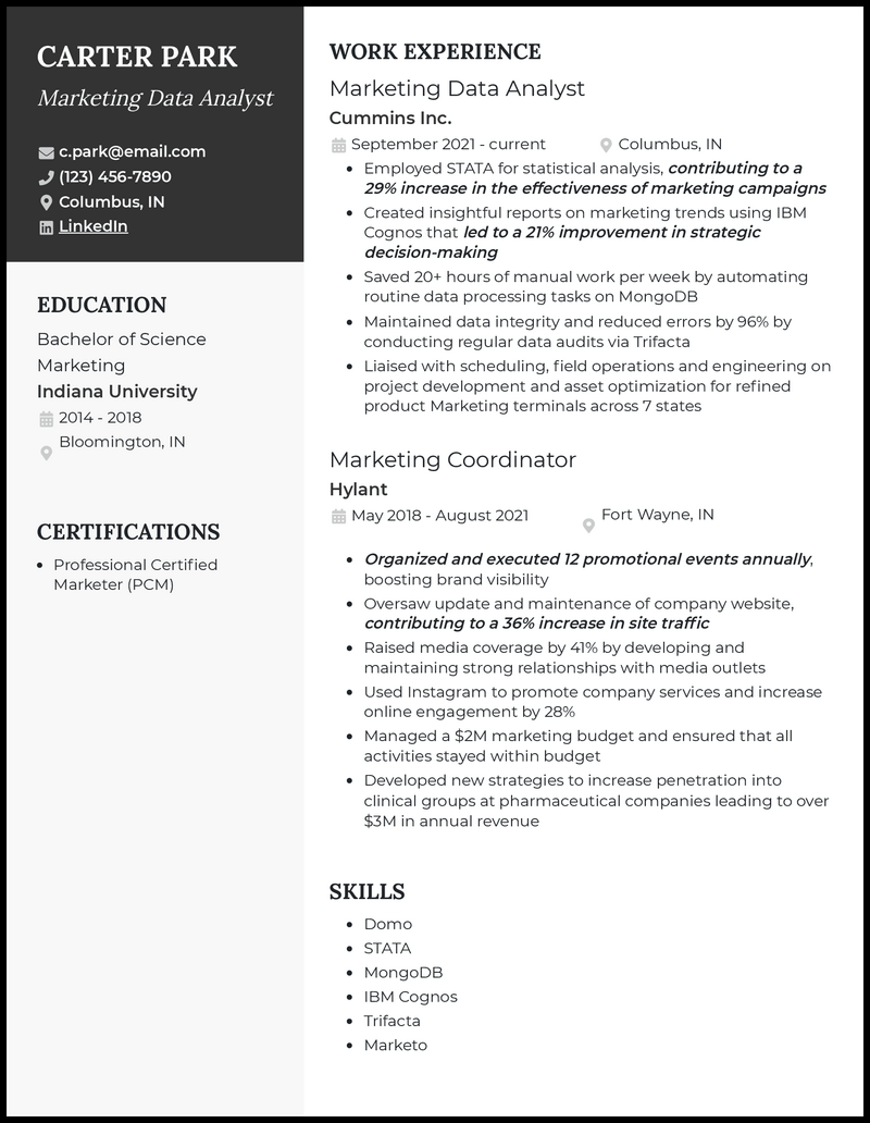 Marketing data analyst resume example with 5+ years experience