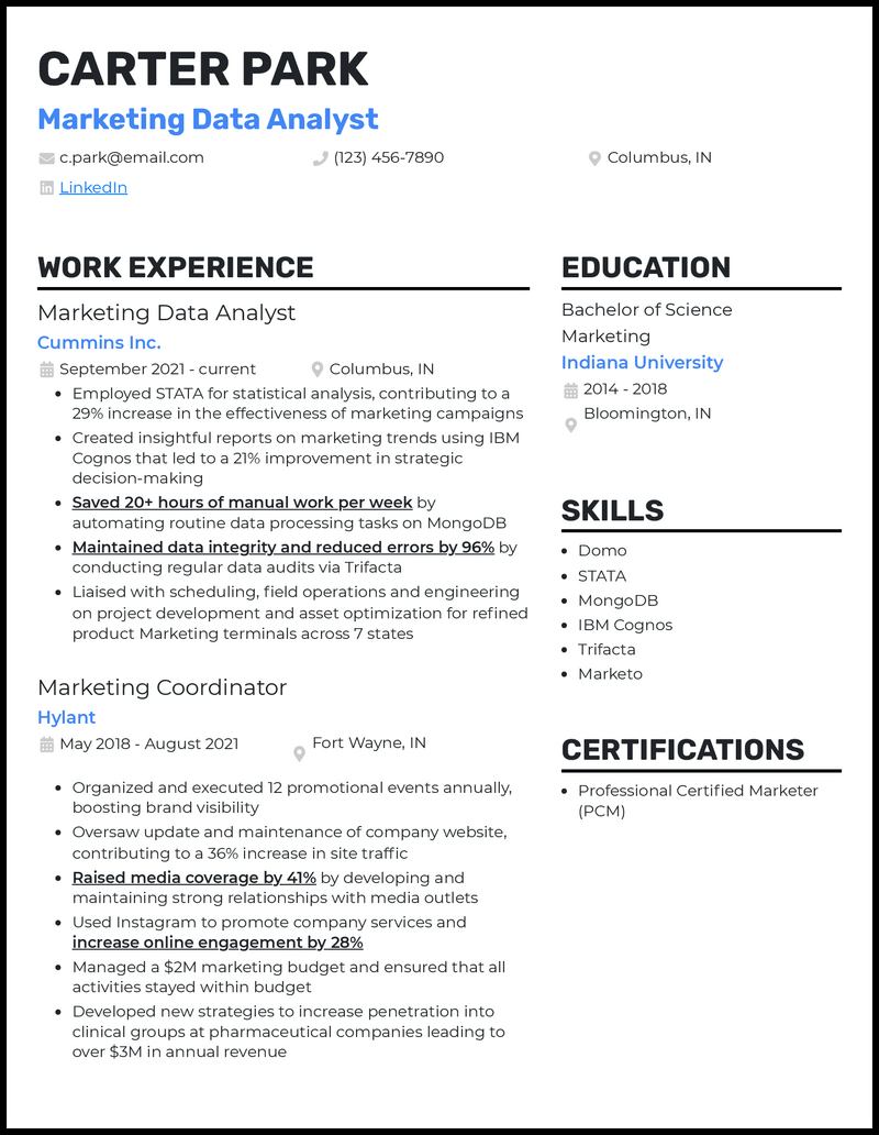 3 Marketing Data Analyst Resume Examples for 2023