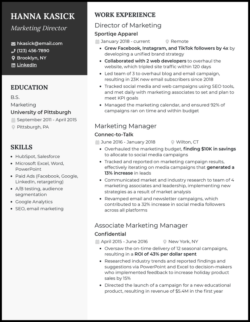 Marketing director resume example with 8 years of experience