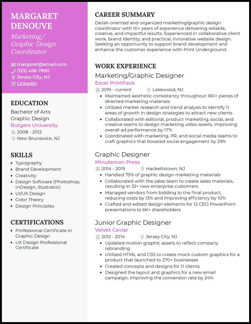 Marketing/graphic design coordinator resume example with 10+ years of experience