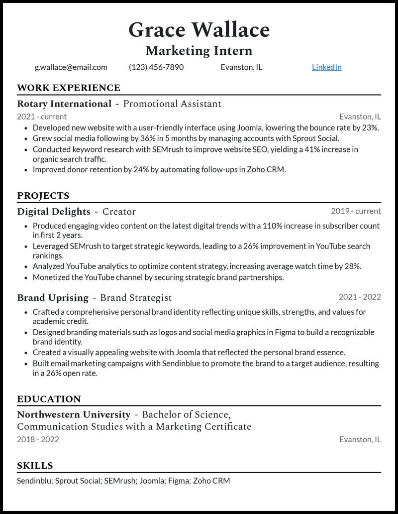 Formal marketing intern resume example with no experience