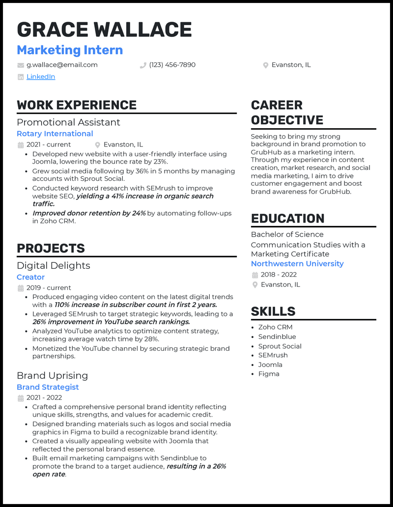 Marketing intern resume example with no experience