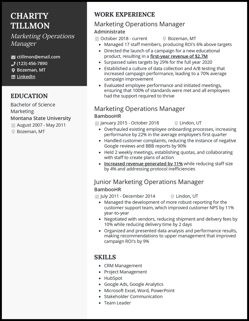 3 Marketing Operations Manager Resume Examples for 2024