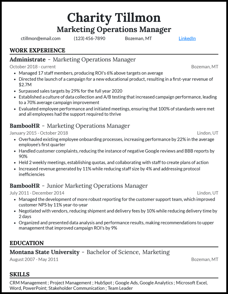 Modern marketing operations manager resume example