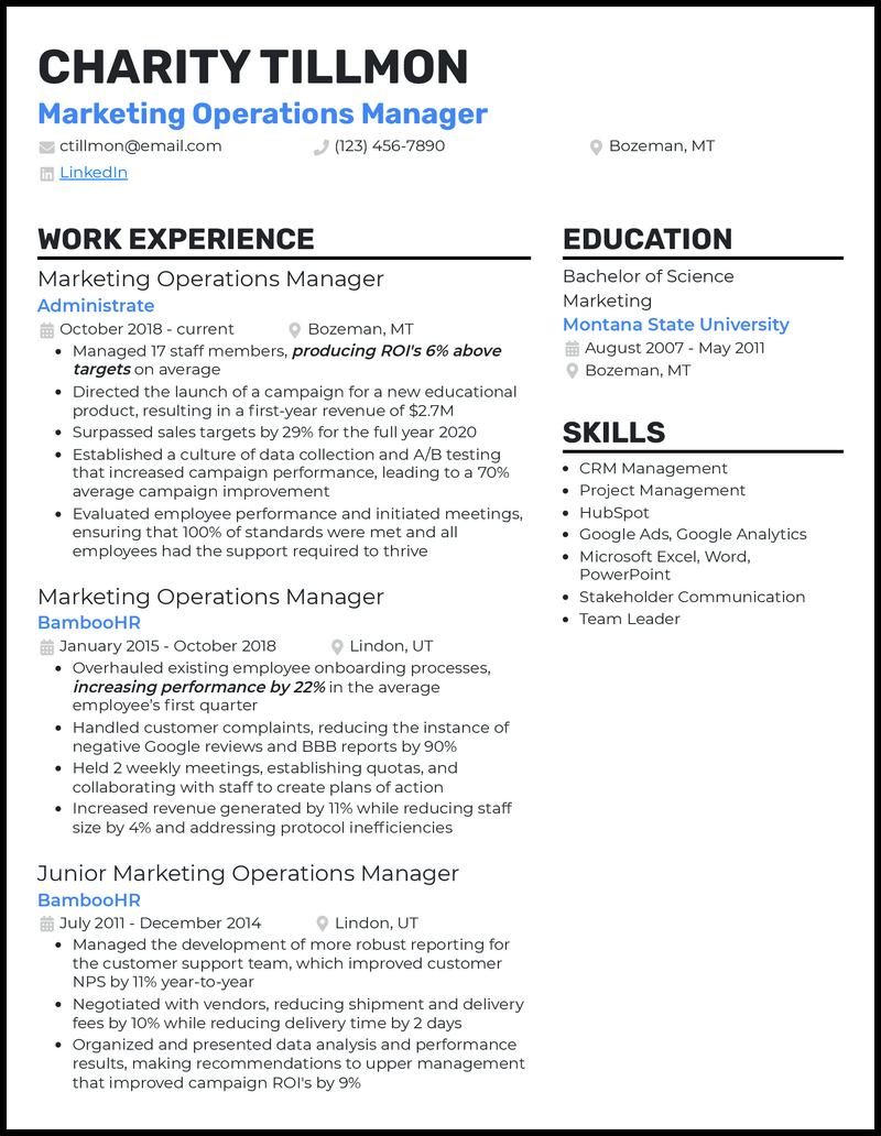 Marketing operations manager resume example with 5+ years experience