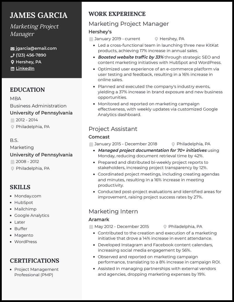 marketing project manager resume summary