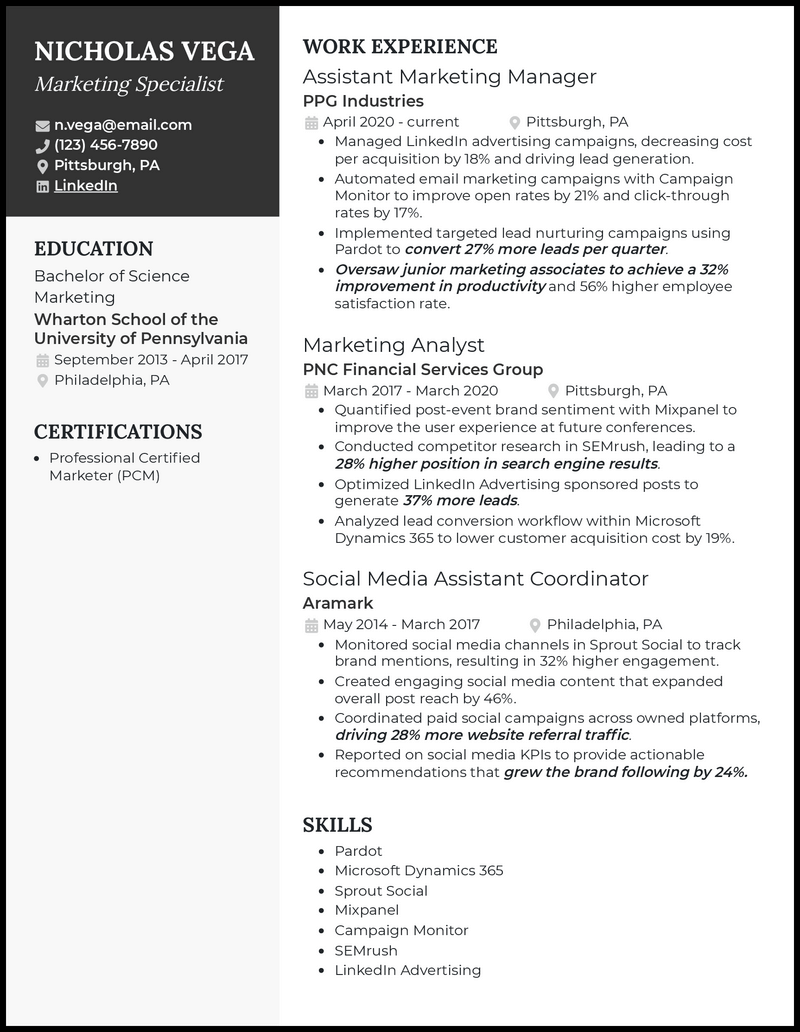 Marketing specialist resume example with 5+ years experience