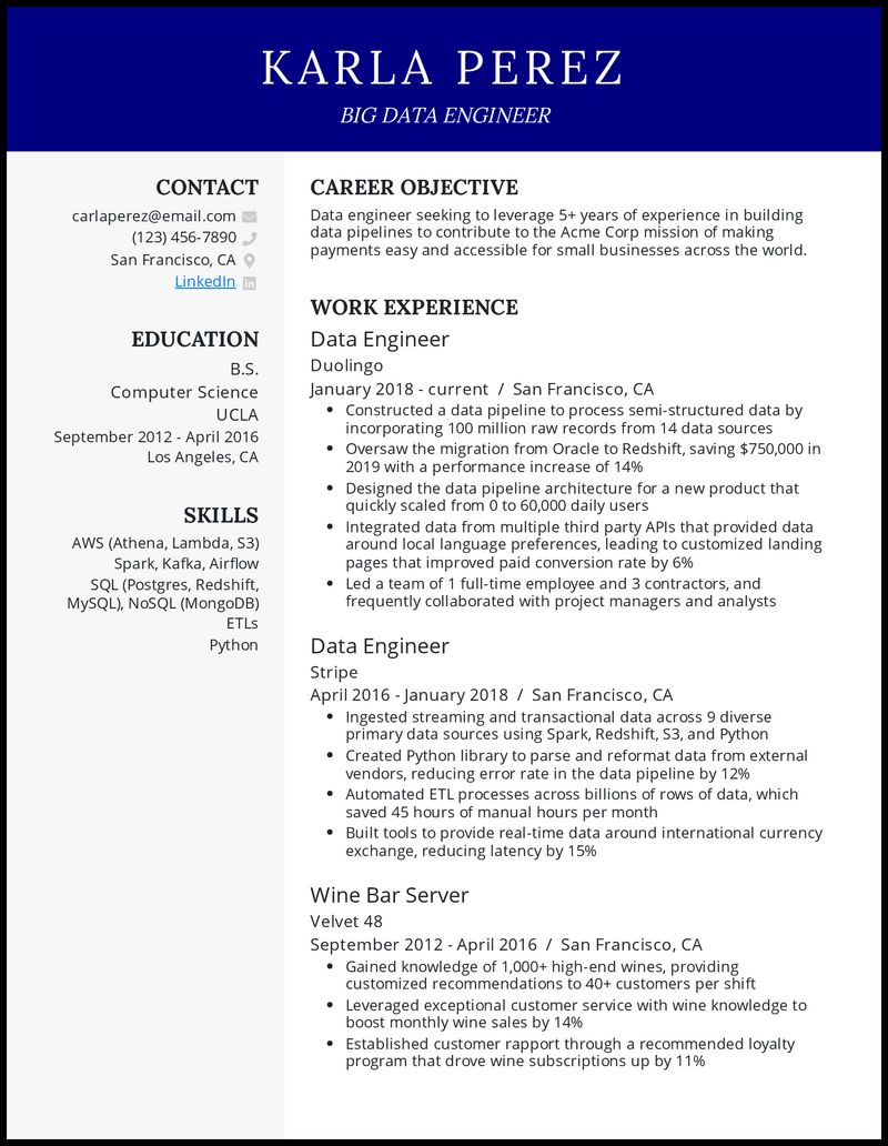 Big Data Engineer Cover Letter Example