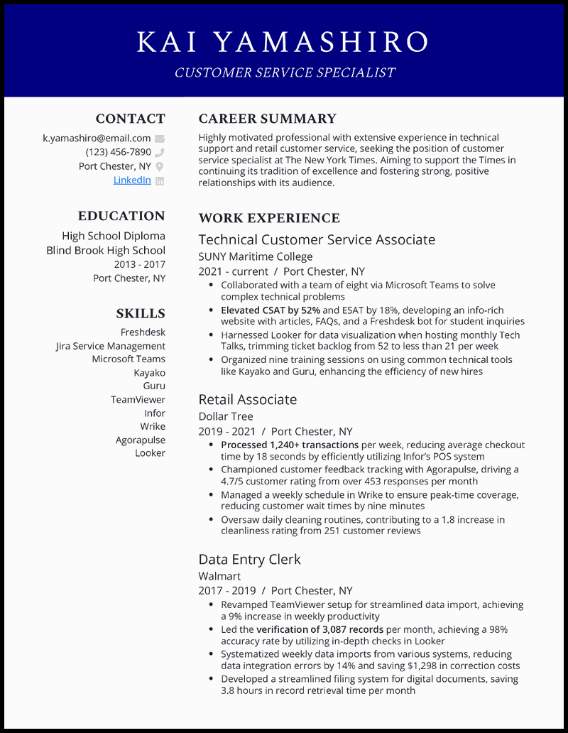 Matching customer service resume example with 5 years of experience