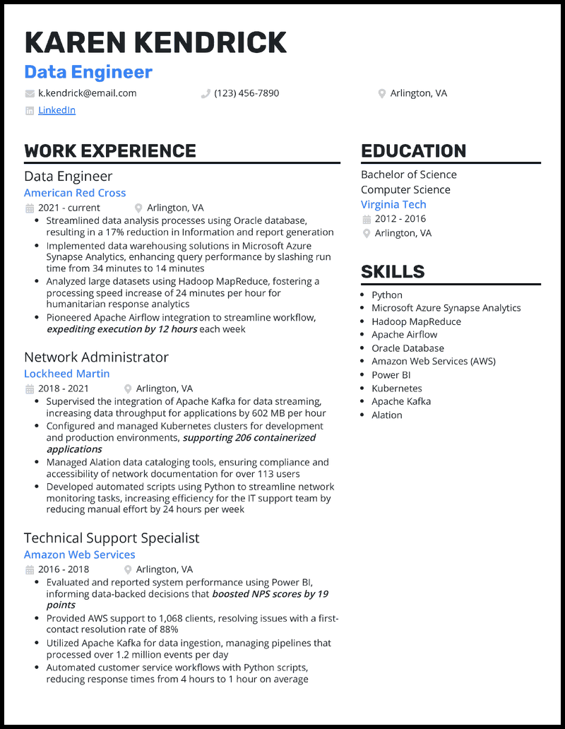 Data engineer resume example 