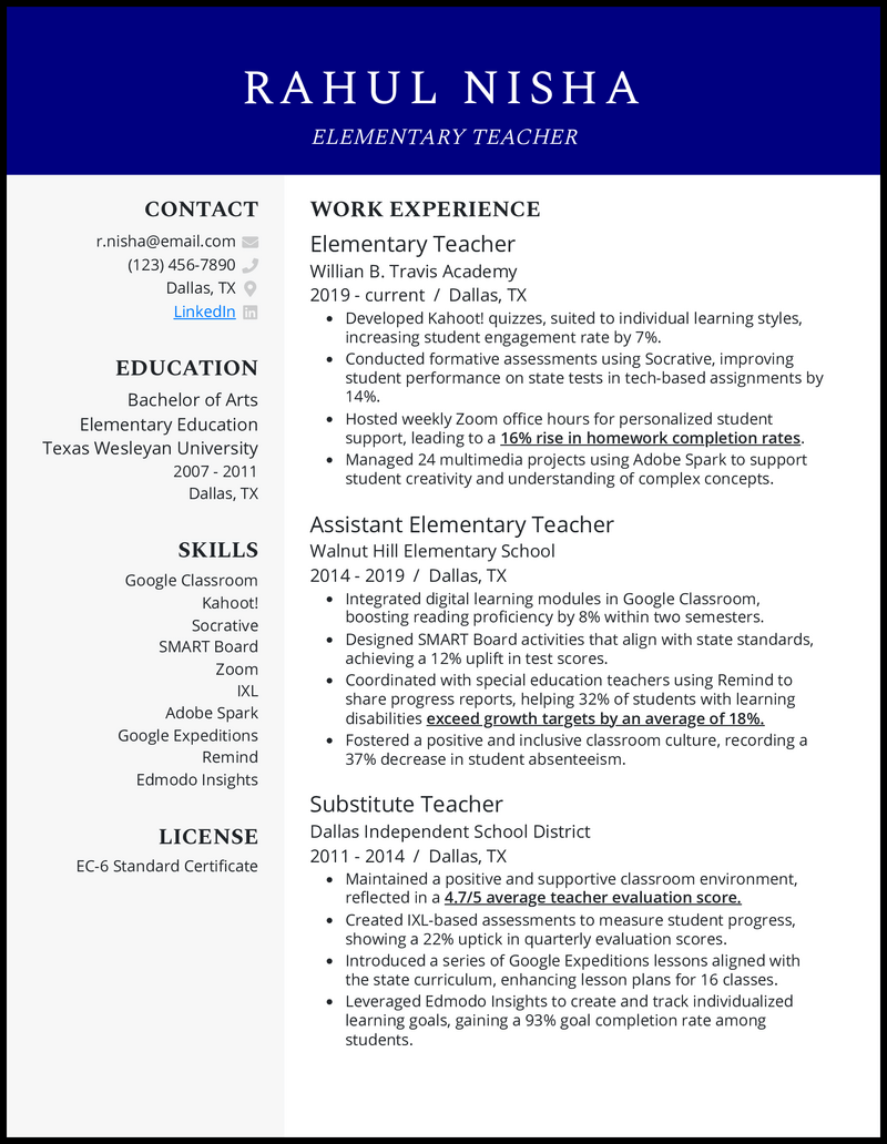 Matching elementary teacher resume example with 10+ years of experience